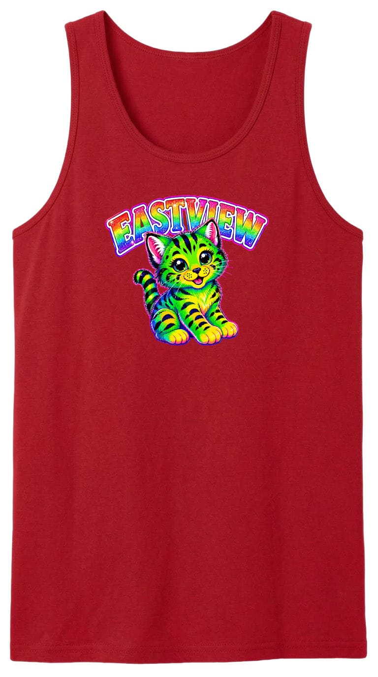 A red tank top with a colorful graphic of a cat and the text "EASTVIEW" printed on it.