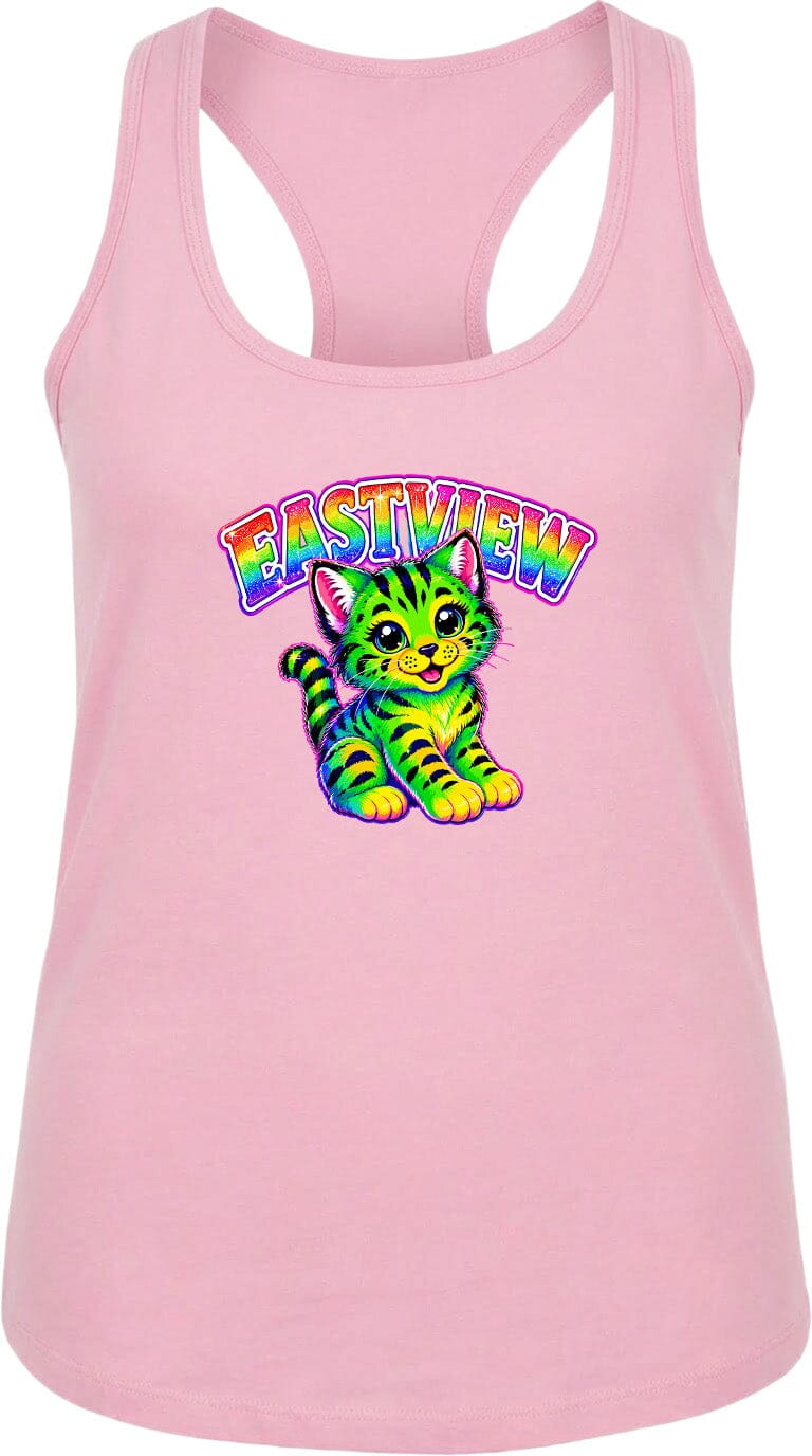 A pink tank top with a colorful graphic of a cat and the text "EASTVIEW" printed on it.