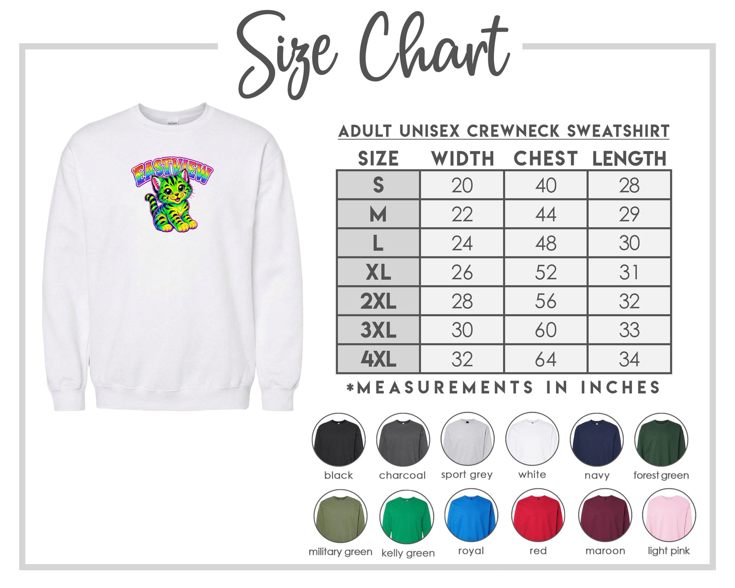The image is a size chart for an adult unisex crewneck sweatshirt, showing the measurements for different sizes.
