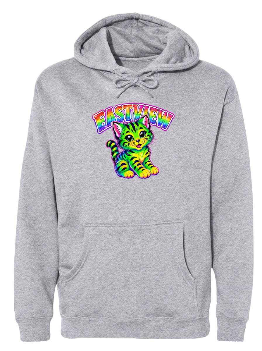 A gray hoodie with a colorful graphic of a cat and the text "Eastview" printed on it.