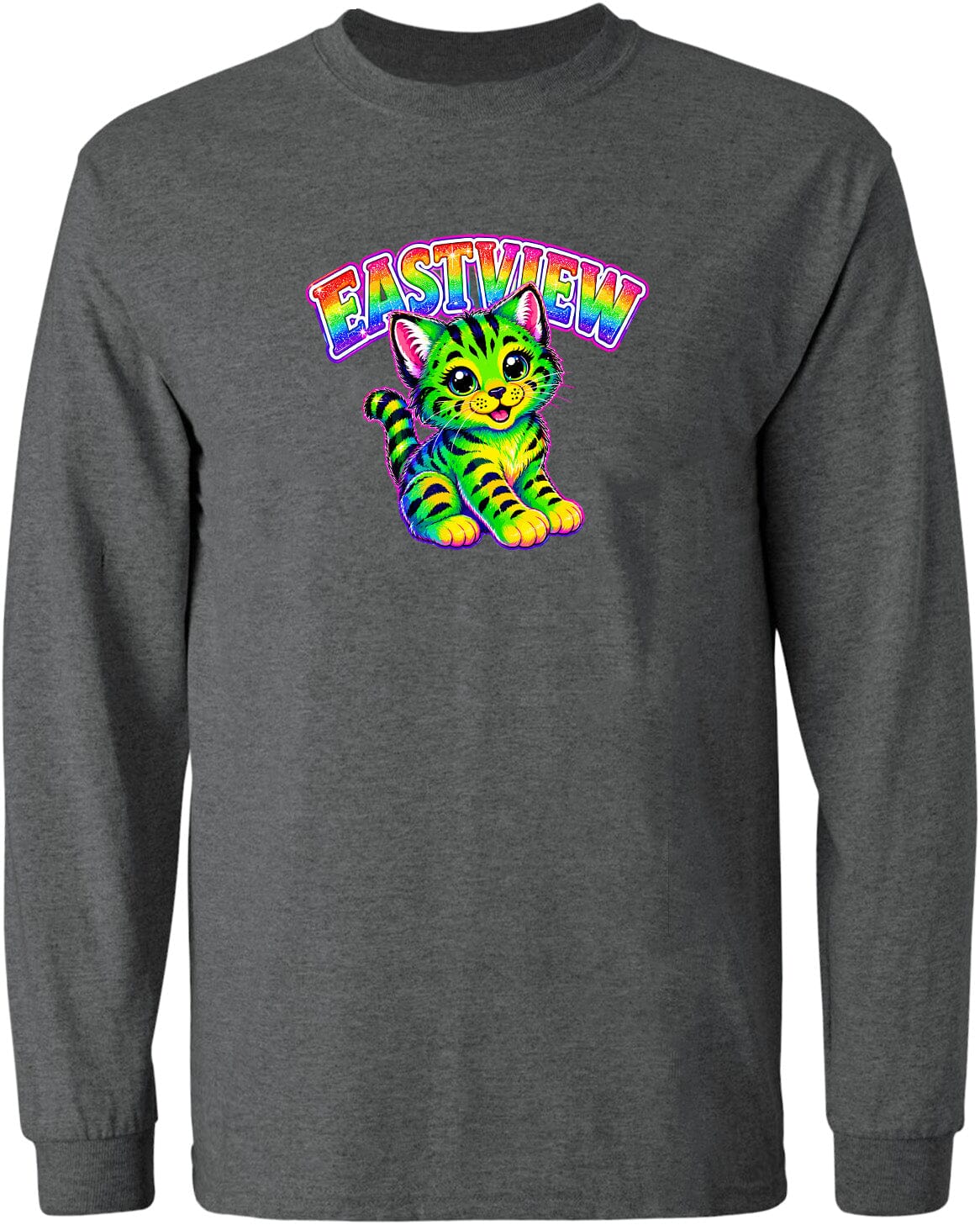 A gray long-sleeved t-shirt with a colorful graphic of a cat and the text "EASTVIEW" printed on it.