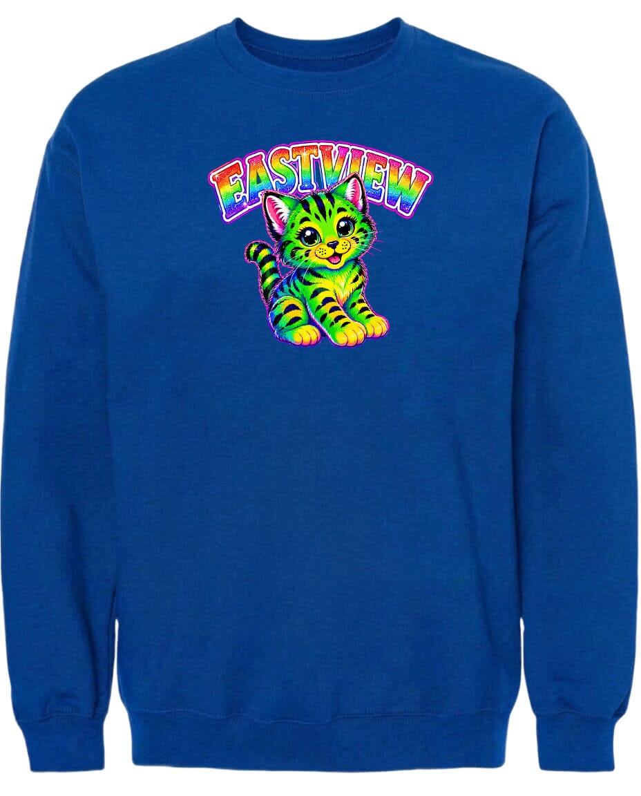A blue sweatshirt with a colorful graphic of a cat and the text "EASTVIEW" printed on it.