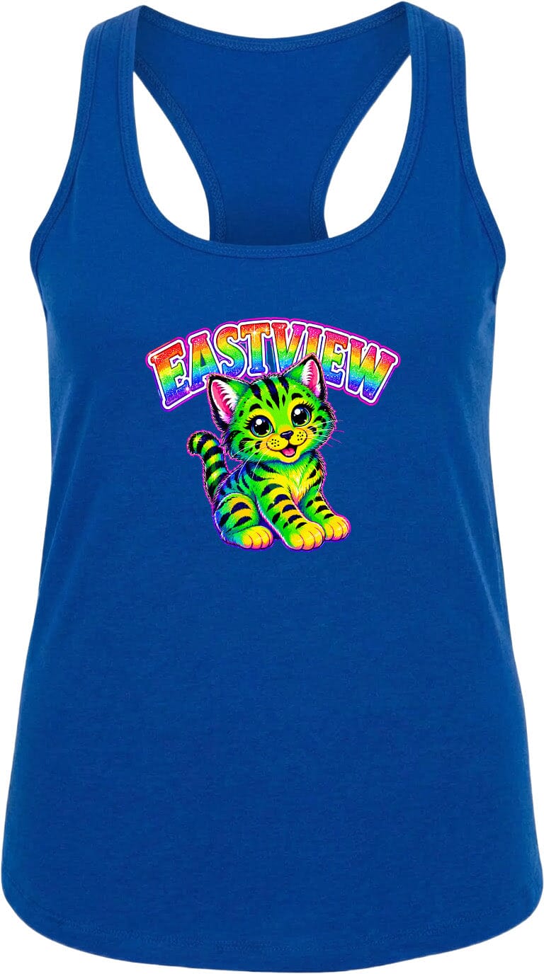 A blue tank top with a colorful graphic of a cat and the text "EASTVIEW" printed on it.