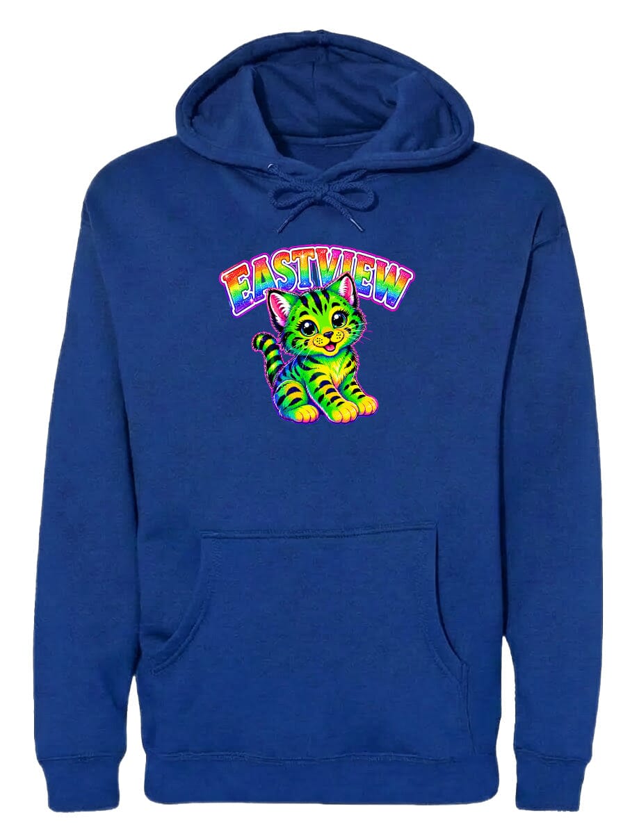A blue hoodie with a colorful graphic of a cat and the text "EASTVIEW" printed on it.