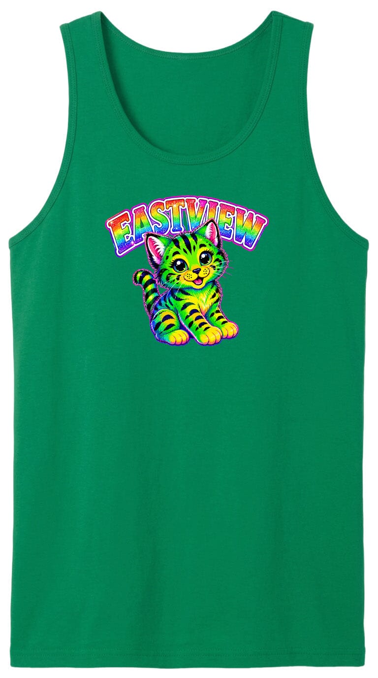 A green tank top with a colorful graphic of a cat and the text "EASTVIEW" printed on it.