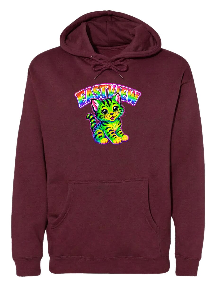 A burgundy-colored hoodie with a colorful graphic of a cat and the text "EASTVIEW" printed on it.