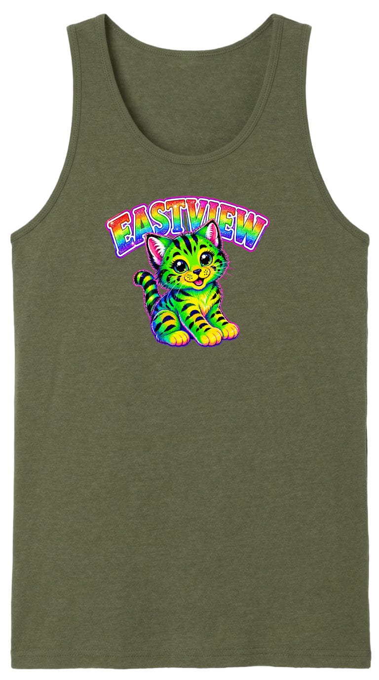 A green tank top with a colorful graphic of a cat and the text "EASTVIEW" printed on it.