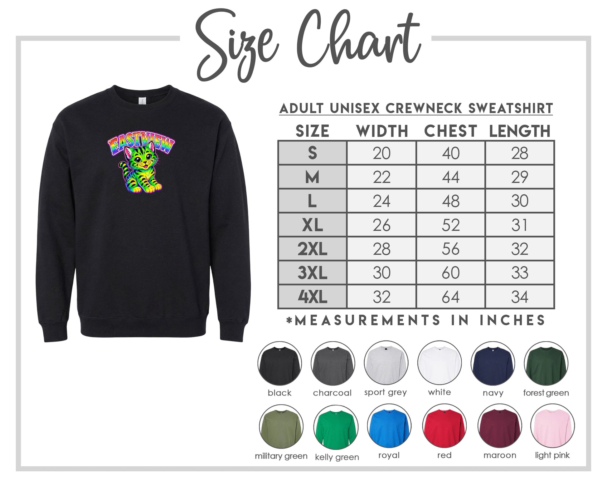 The image is a size chart for an adult unisex crew neck sweatshirt. It includes a black sweatshirt with a colorful graphic and a table with size and corresponding measurements in inches.