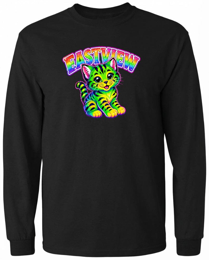 A black long-sleeved t-shirt with a colorful graphic design depicting a smiling cat with a rainbow-colored background.