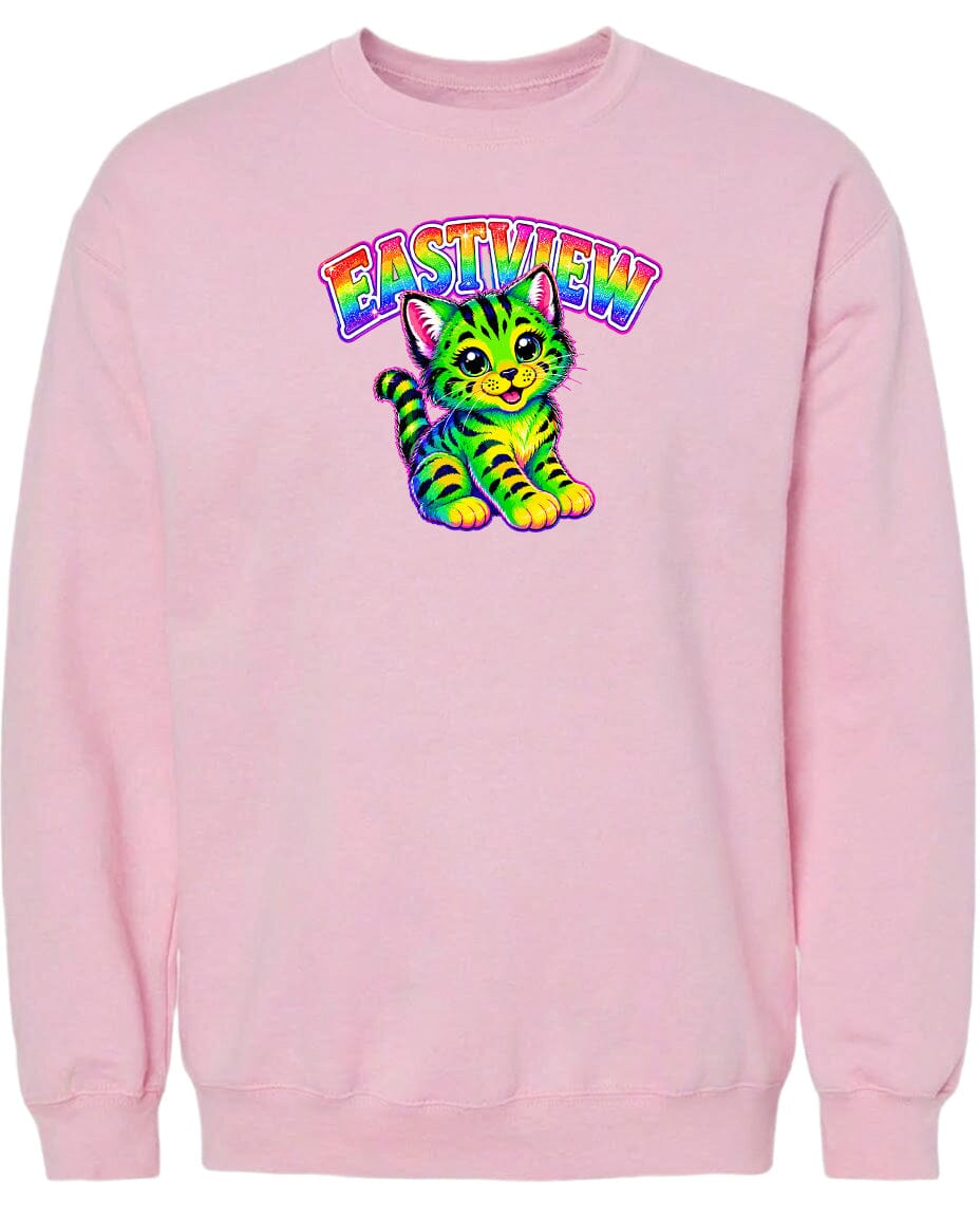 A pink sweatshirt with a colorful graphic of a cat and the text "EASTVIEW" printed on it.