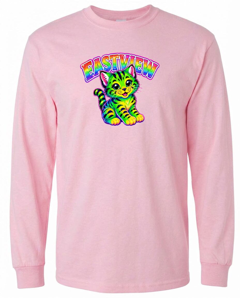 A pink long-sleeved t-shirt with a colorful graphic of a cat and the text "EASTVIEW" printed on it.