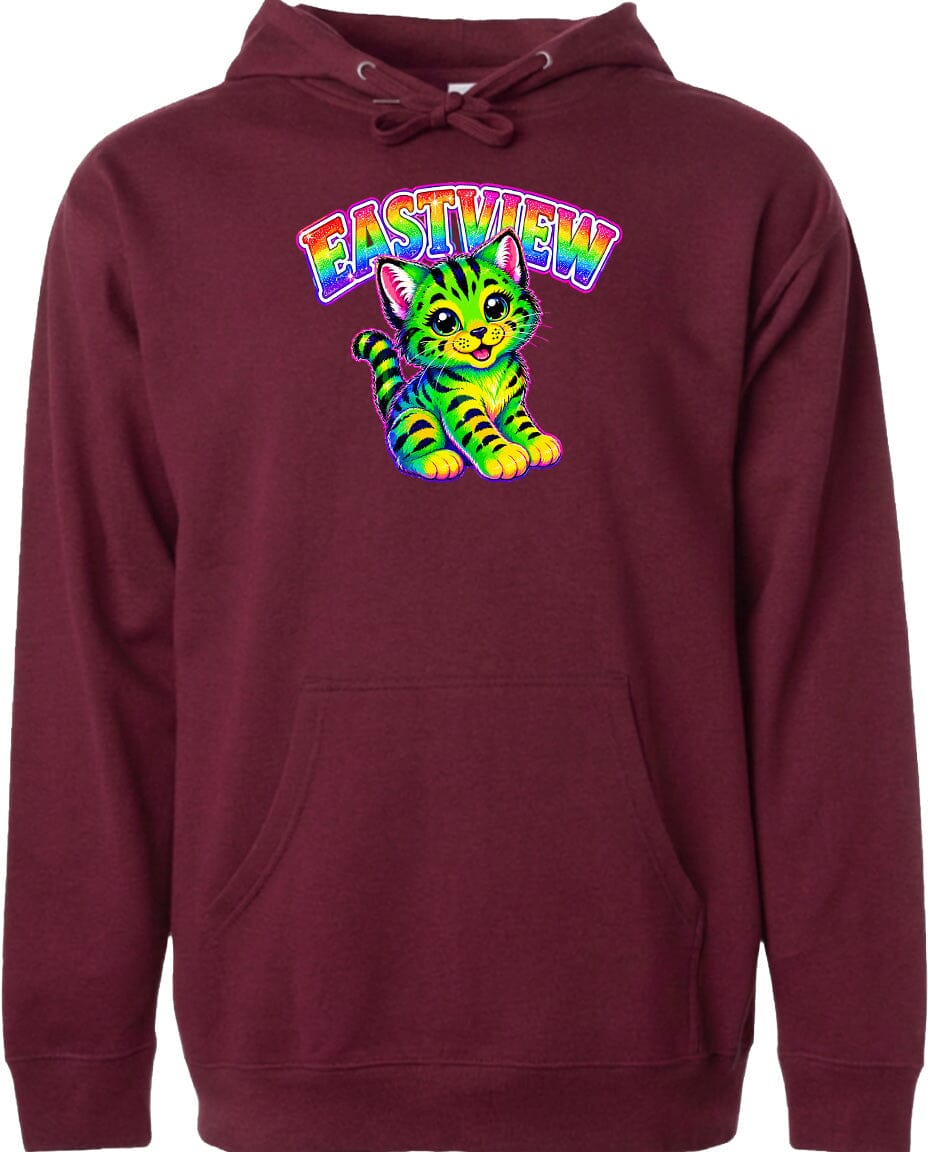 A maroon hoodie with a colorful graphic of a cat and the text "EASTVIEW" printed on it.