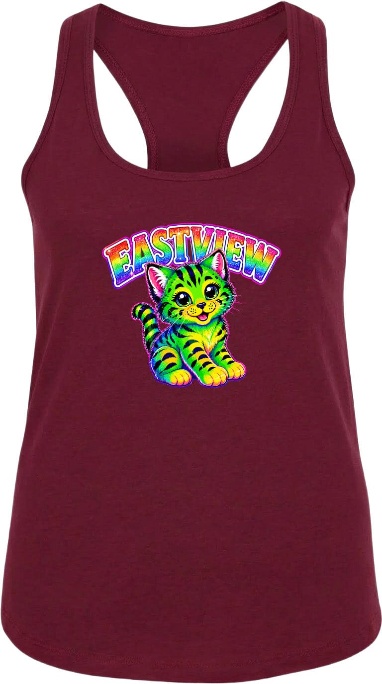 A burgundy tank top with a colorful graphic of a cat and the text "EASTVIEW" printed on it.