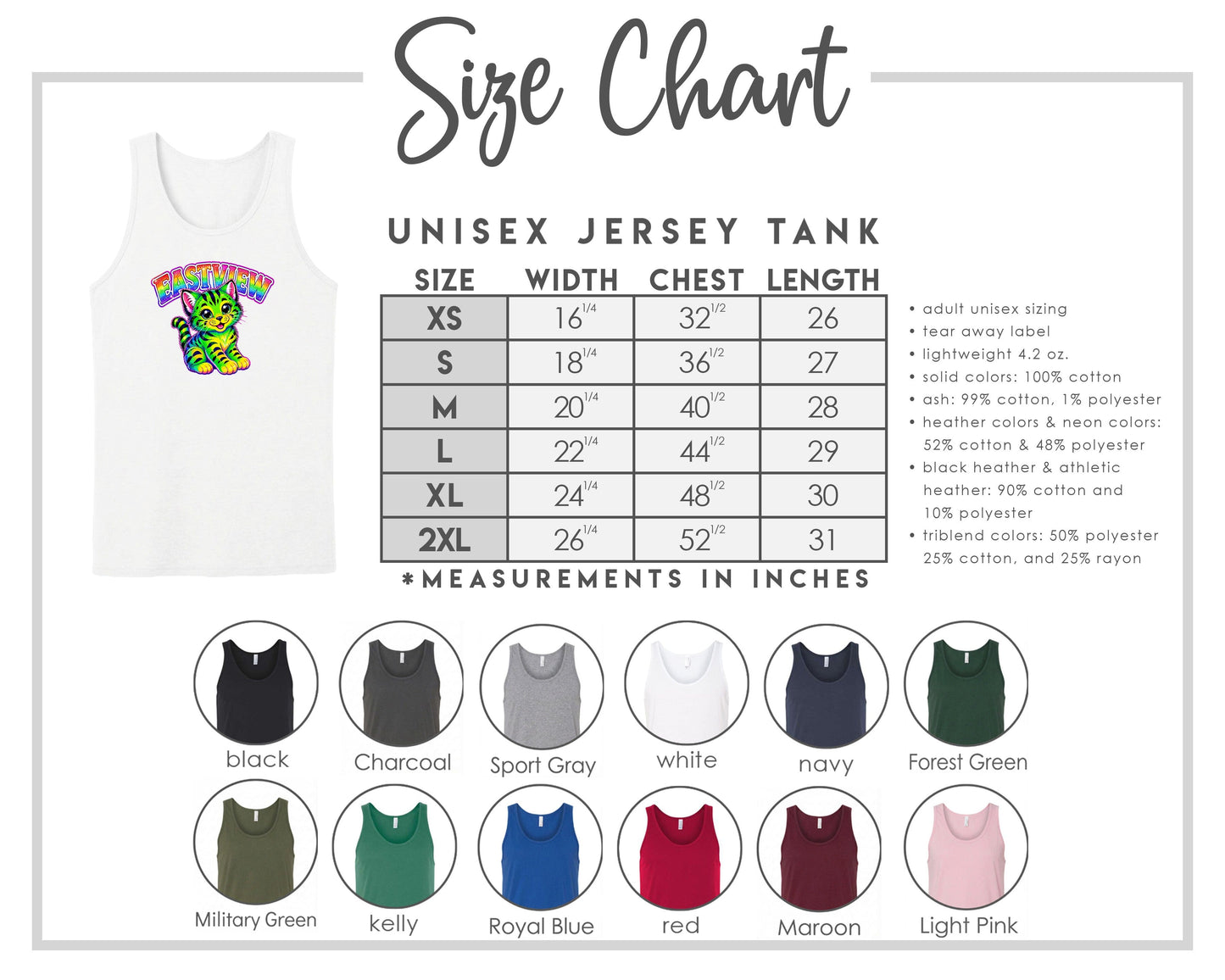 The image is a size chart for a unisex jersey tank, providing measurements for chest length, waist, and hip width. It includes a variety of tank colors and styles, such as black, charcoal, sport gray, navy, forest green, and more.