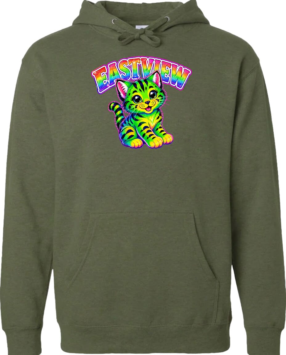 A green hoodie with a colorful graphic of a cat and the text "EASTVIEW" printed on it.