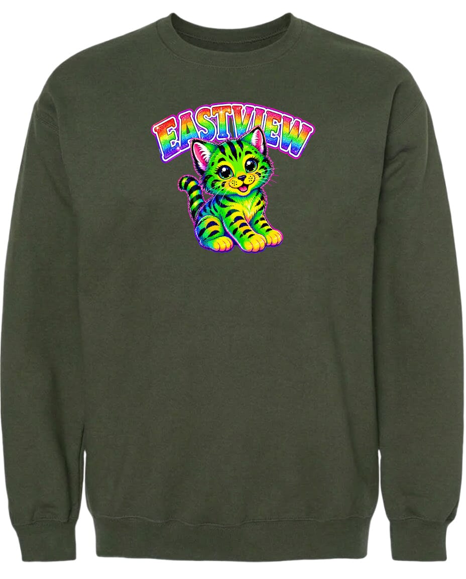 A green sweatshirt with a colorful graphic of a cat and the word "EASTVIEW" printed on it.