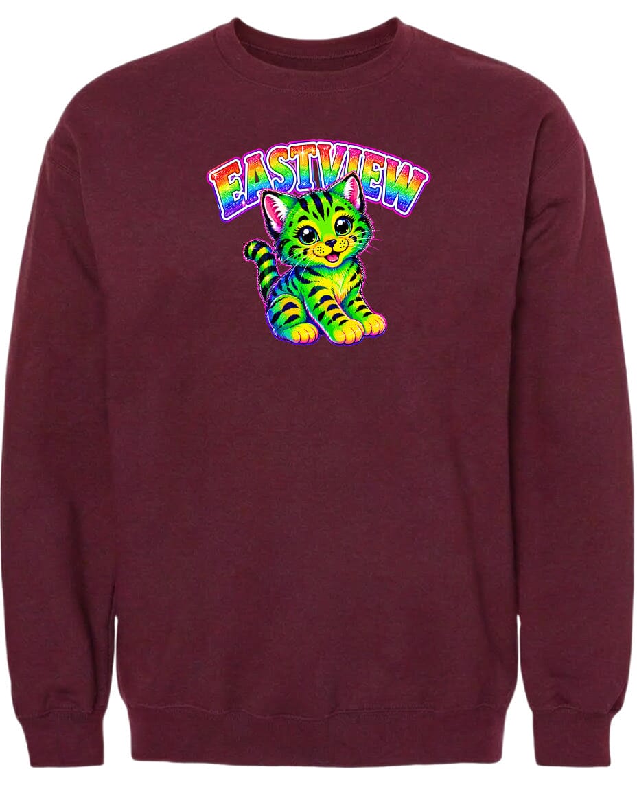 A burgundy-colored sweatshirt with a colorful graphic of a cat and the text "EASTVIEW" printed on it.