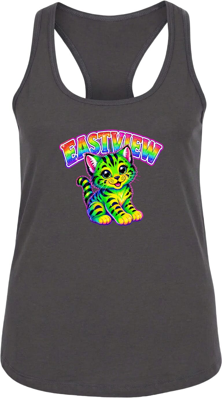 A gray tank top with a colorful graphic of a cat and the text "EASTVIEW" printed on it.