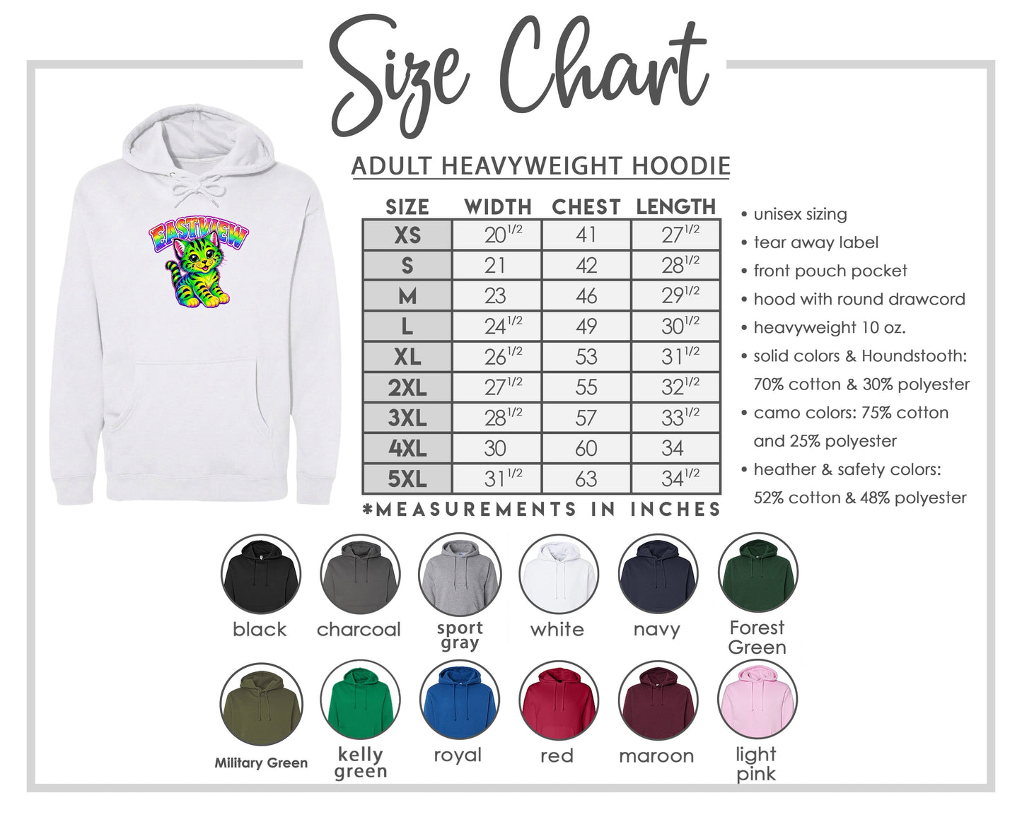 The image is a size chart for an adult heavyweight hoodie, including various color options and measurements in inches.