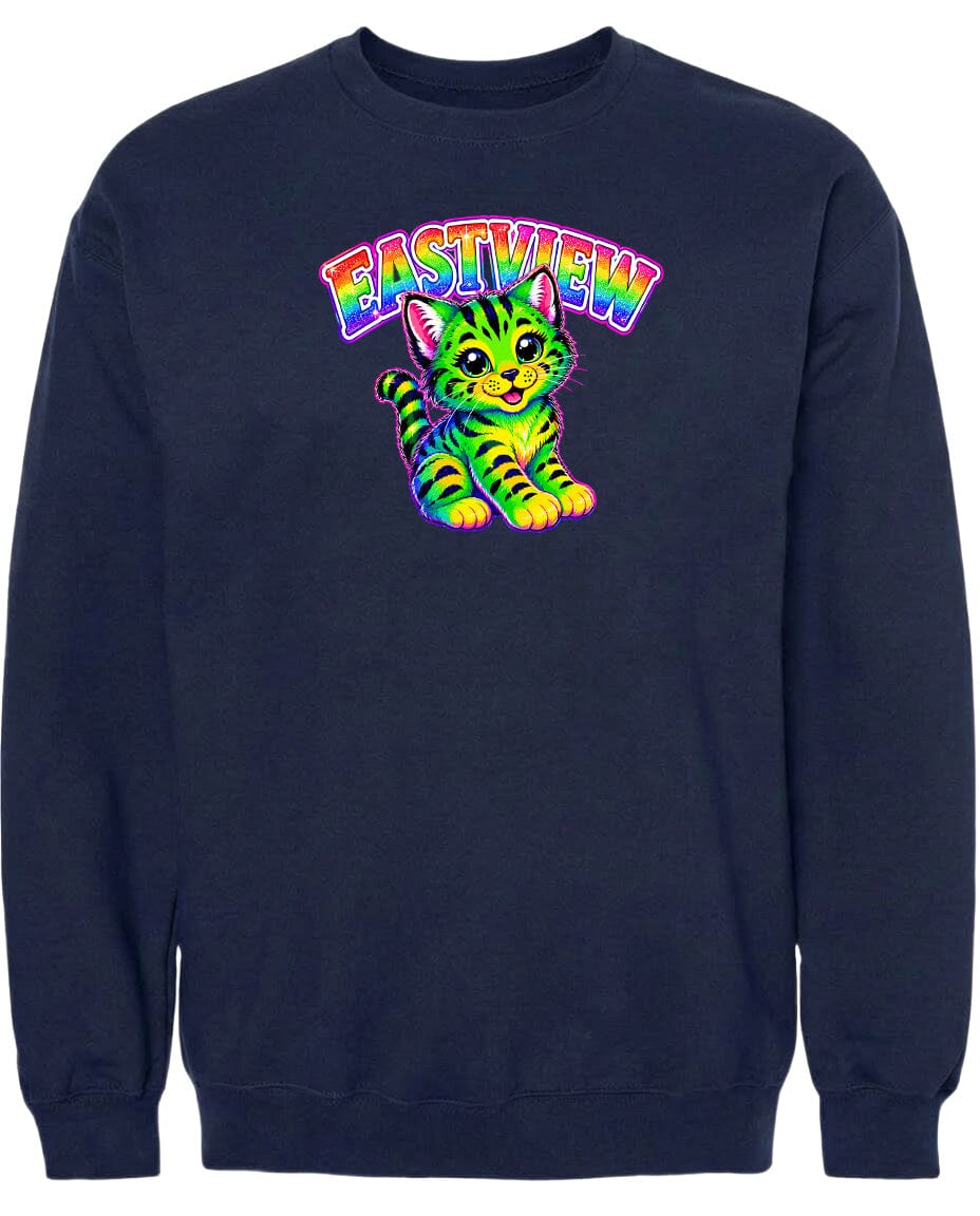 A navy blue sweatshirt with a colorful graphic of a cat and the word "EASTVIEW" printed on it.