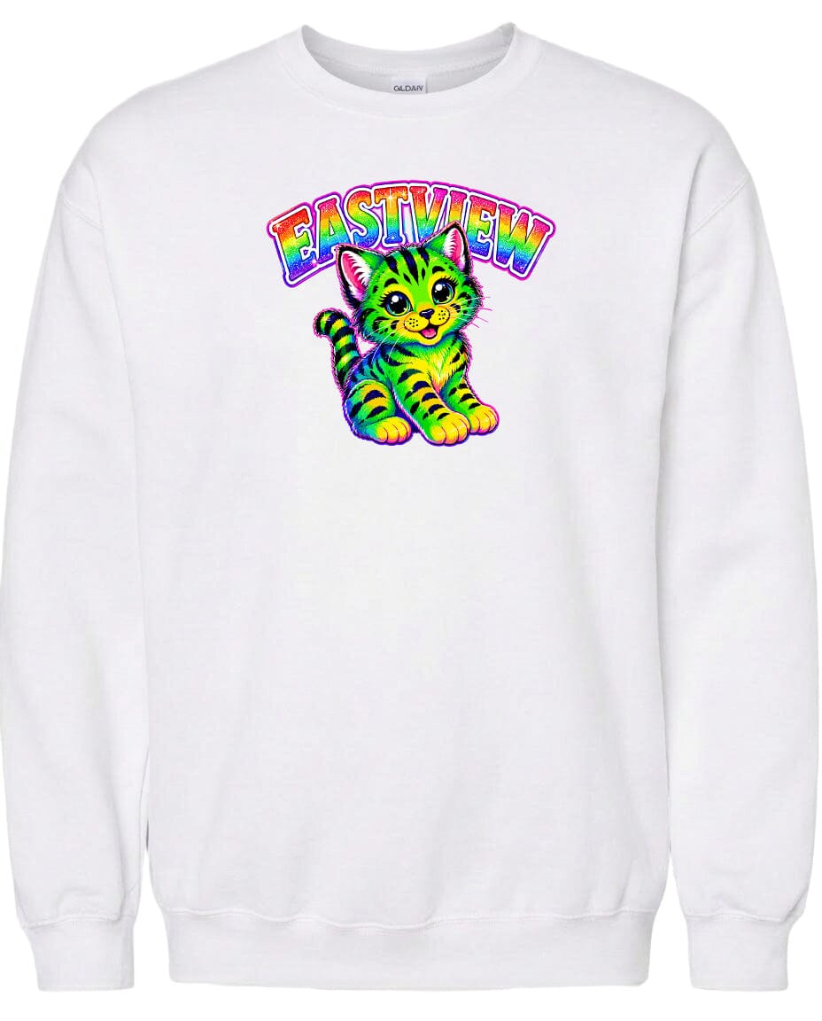 A white sweatshirt with a colorful graphic of a cat and the text "EASTVIEW" printed on it.