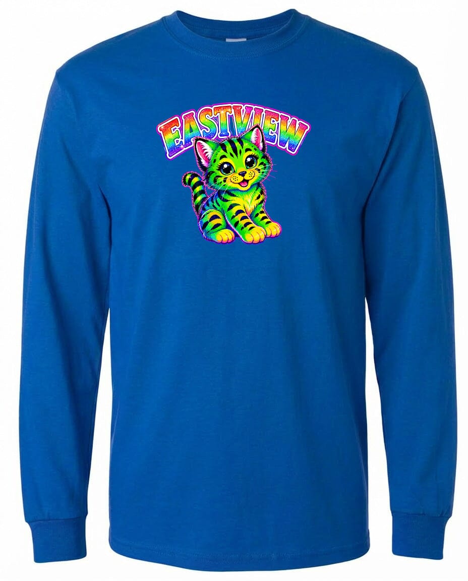 A blue long-sleeved t-shirt with a colorful graphic of a cat and the text "EASTVIEW" printed on it.