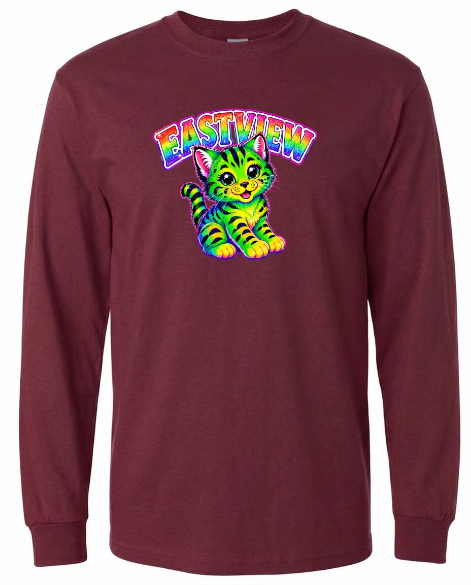 A long-sleeved burgundy-colored t-shirt with a colorful graphic of a cat and the text "EASTVIEW" printed on it.