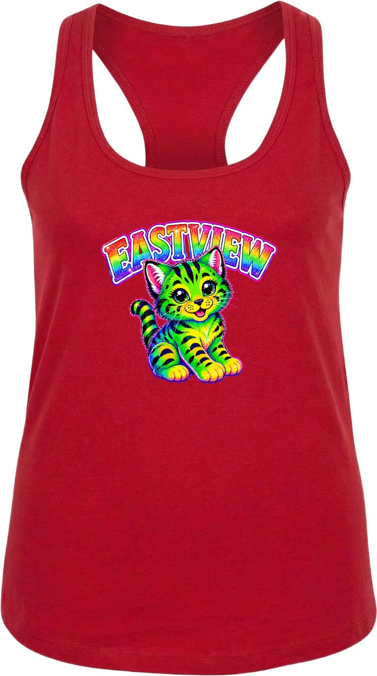 A red tank top with a colorful graphic of a cat and the word "EASTVIEW" printed on it.