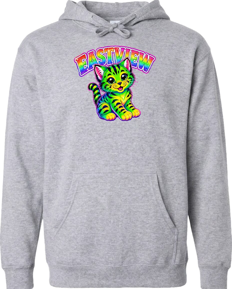 A gray hoodie with a colorful graphic of a cat and the text "EASTVIEW" printed on it.