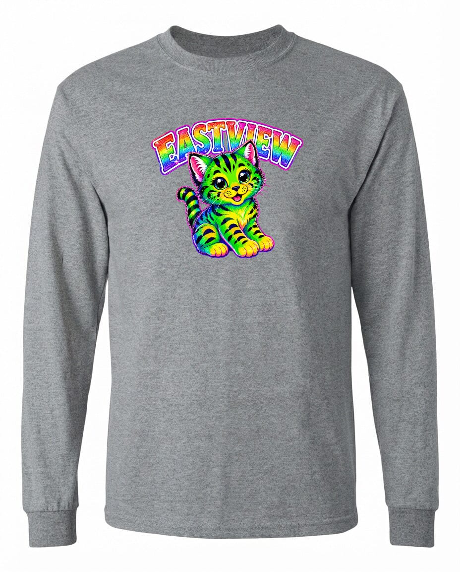 A gray long-sleeved t-shirt with a colorful graphic of a cat and the text "EASTVIEW" printed on it.