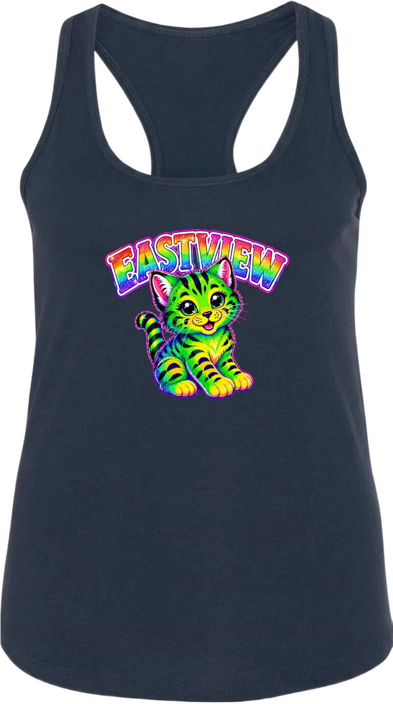 A black tank top with a colorful graphic of a cat and the text "EASTVIEW" printed on it.