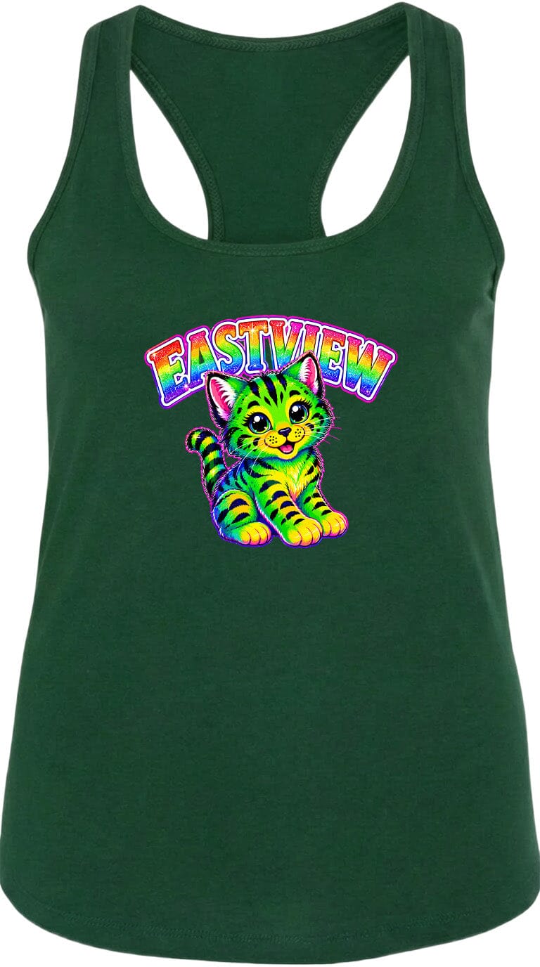 A green tank top with a colorful graphic of a cat and the text "EASTVIEW" printed on it.