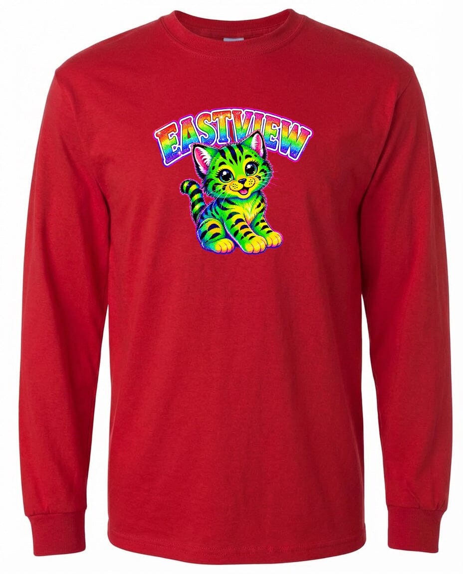 A red long-sleeved t-shirt with a colorful graphic of a cat and the text "EASTVIEW" printed on it.
