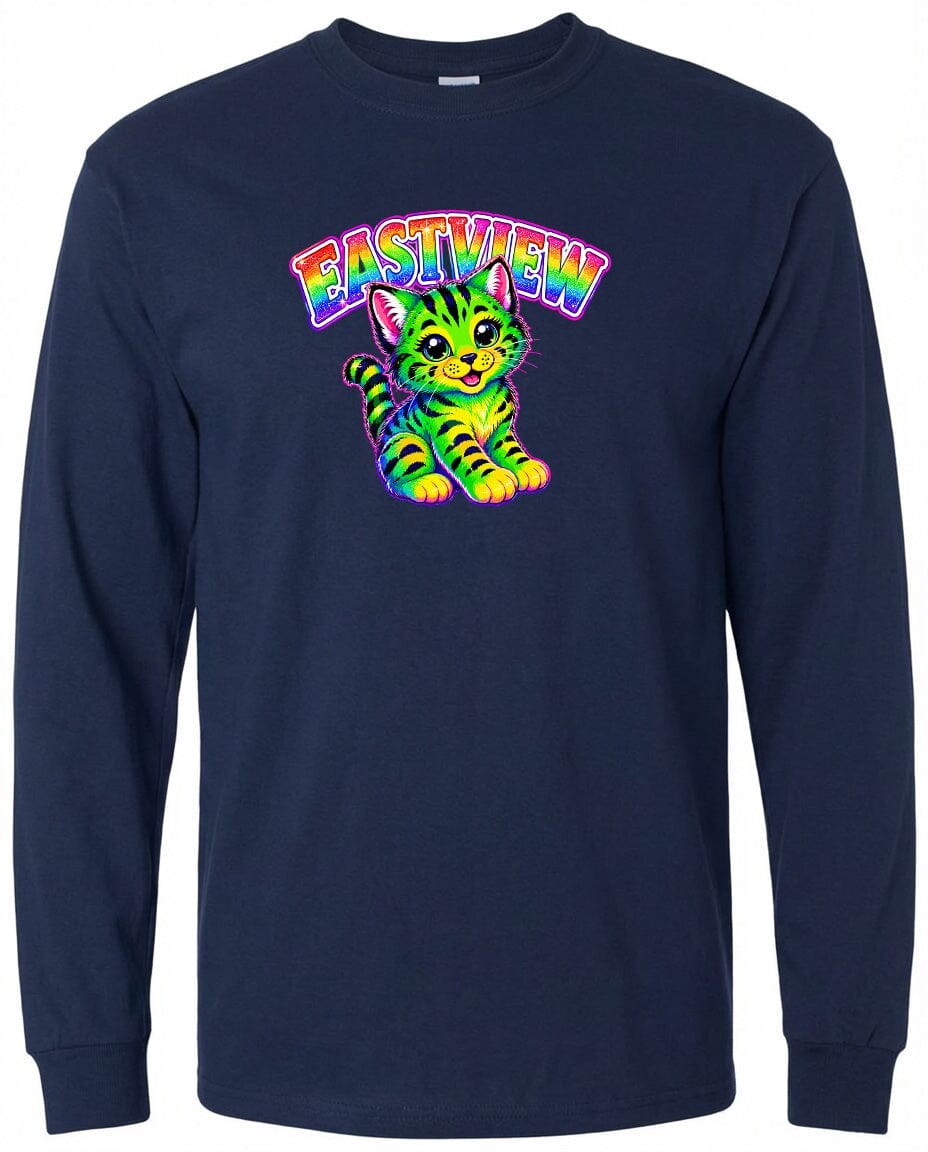 A long-sleeved navy blue t-shirt with a colorful graphic of a cat and the text "EASTVIEW" printed on it.