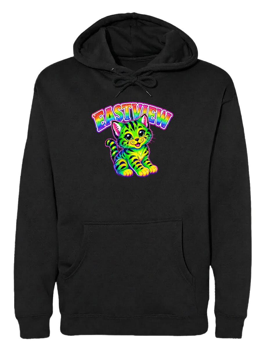 A black hoodie with a colorful graphic of a cat and the text "EASTVIEW" printed on it.