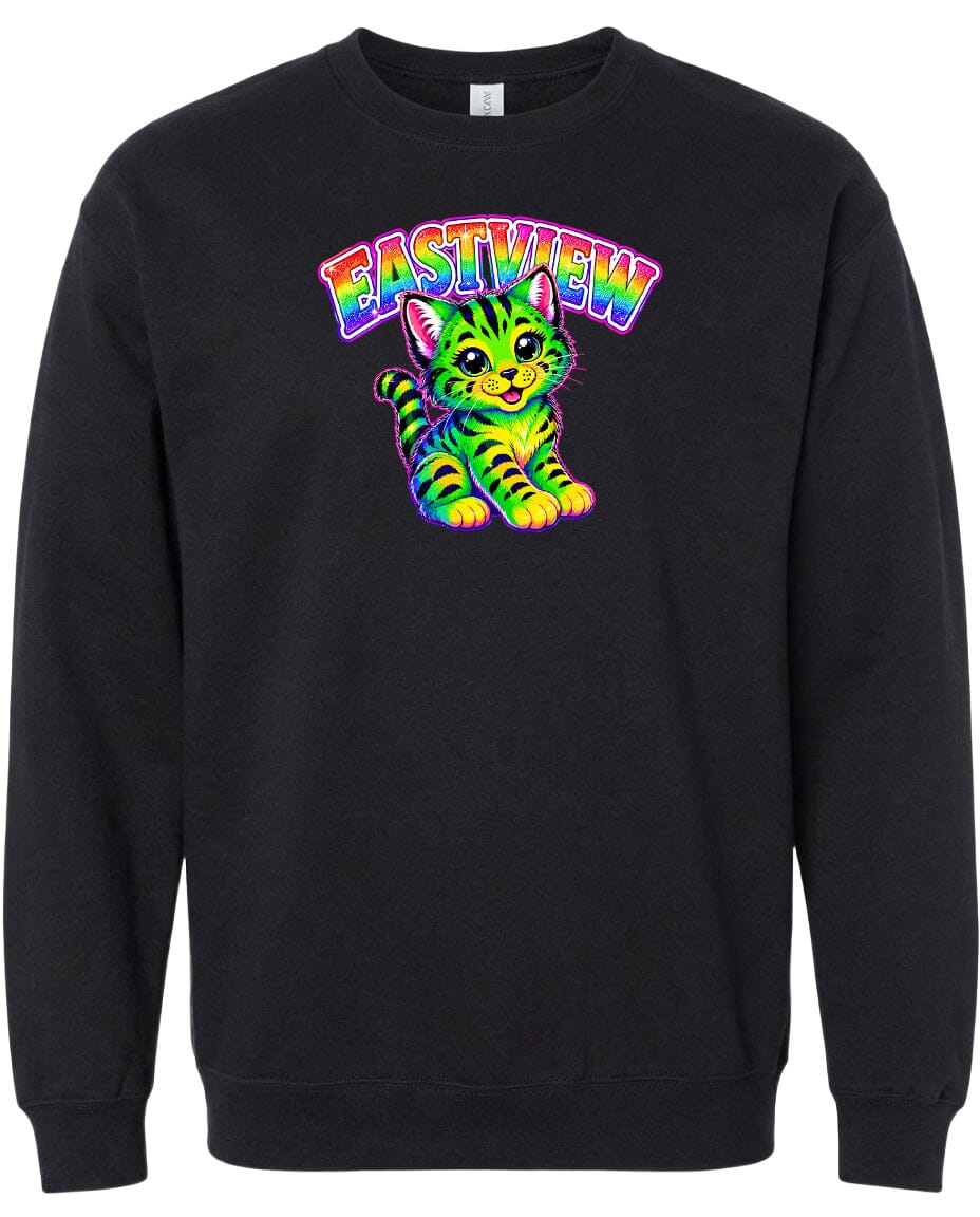 A black sweatshirt with a colorful graphic of a cat and the word "EASTVIEW" printed on it.