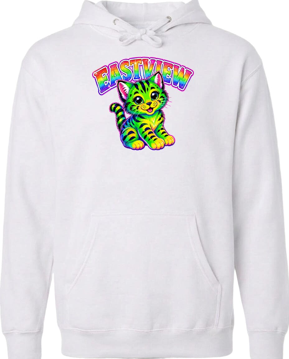 A white hoodie with a colorful graphic of a cat and the text "EASTEW" above it.
