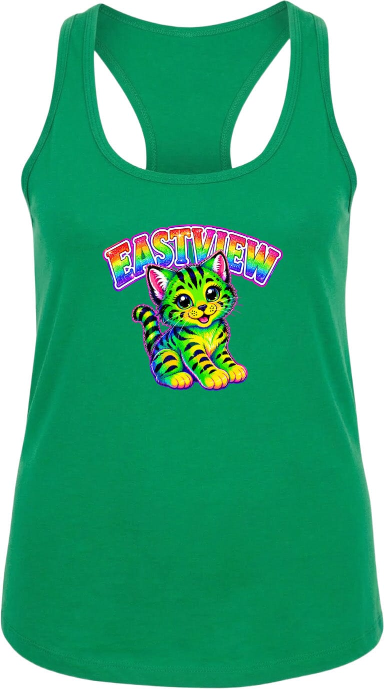 A green tank top with a colorful graphic of a cat and the text "EASTVIEW" printed on it.