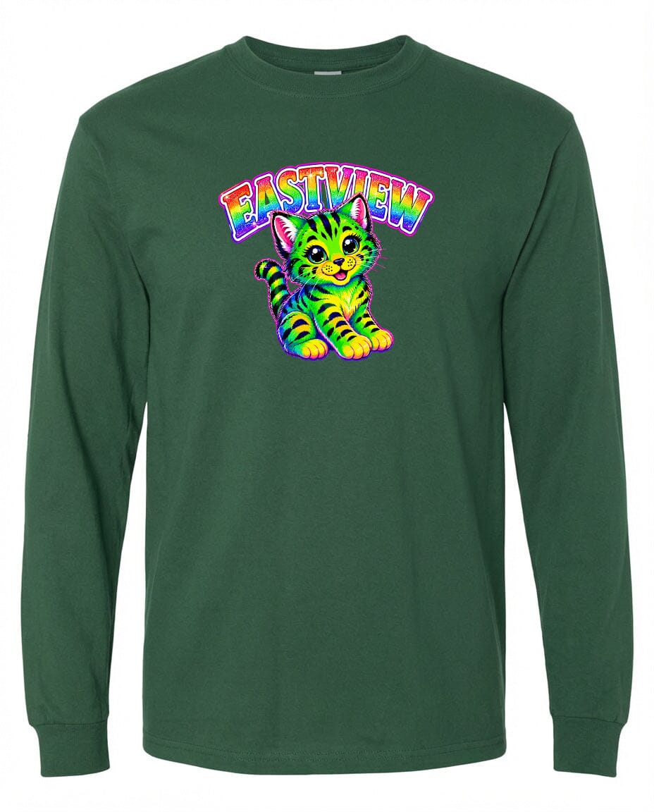 A long-sleeved green t-shirt with a colorful graphic of a cat and the text "EASTVIEW" printed on it.