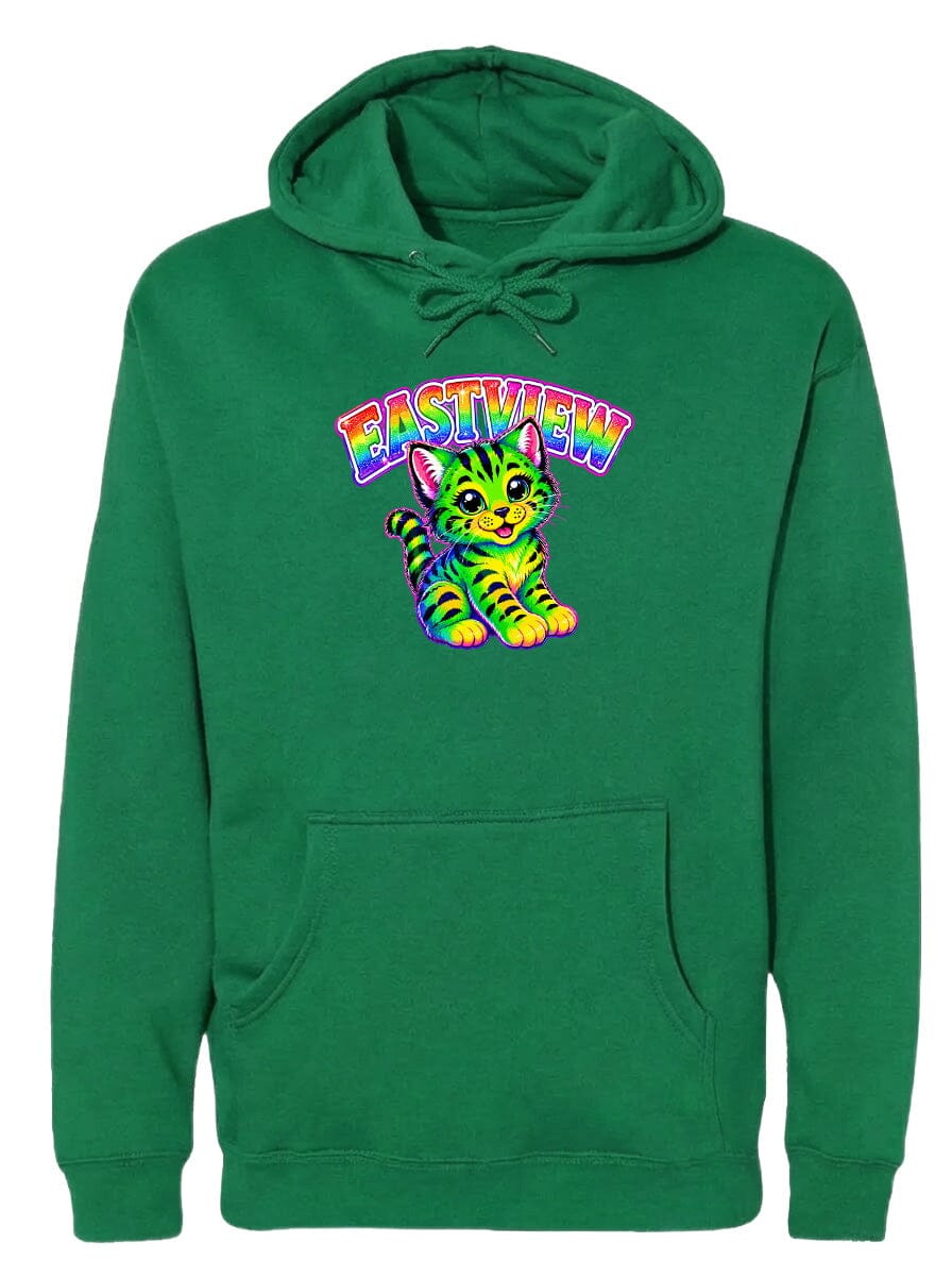 A green hoodie with a colorful graphic of a cat and the text "EASTVIEW" printed on it.