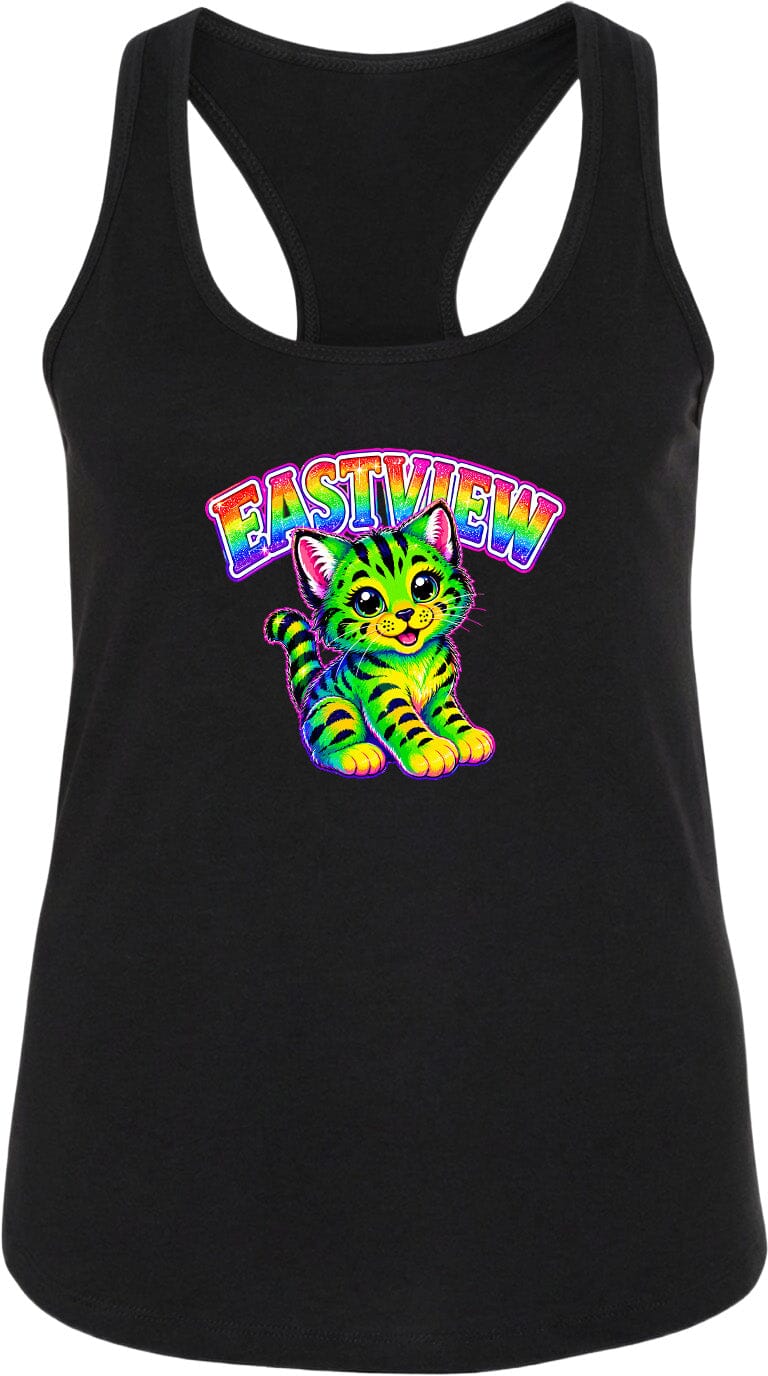 A black tank top with a colorful graphic of a cat and the text "EASTVIEW" printed on it.