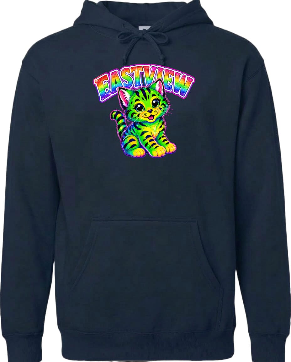 A hoodie with a colorful graphic of a cat and the text "EASTVIEW" printed on it.