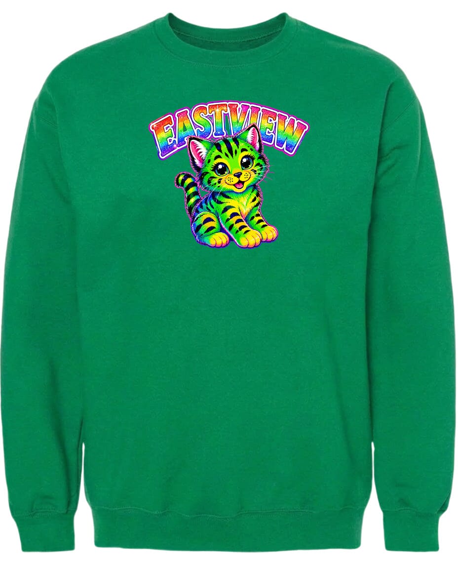 A green sweatshirt with a colorful graphic of a cat and the word "EASTVIEW" printed on it.