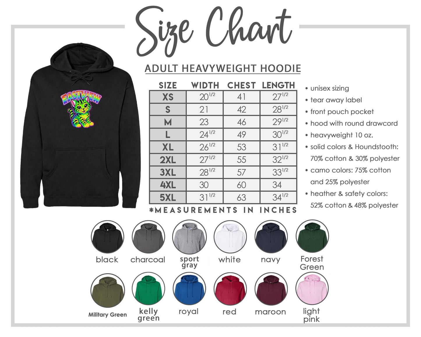 The image is a size chart for an adult heavyweight hoodie, including various color options and measurements in inches.