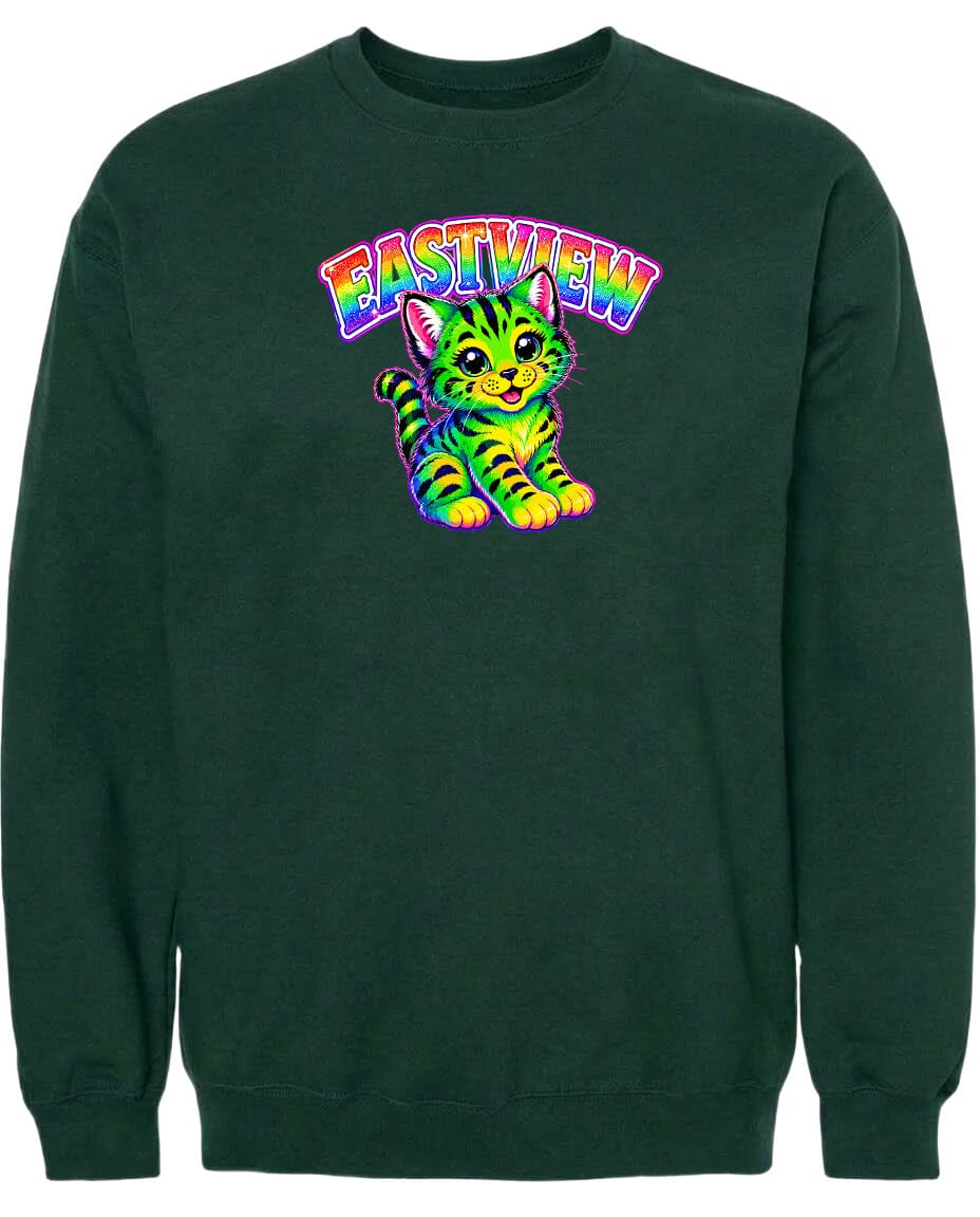 A green sweatshirt with a colorful graphic of a cat and the word "EASTVIEW" printed on it.
