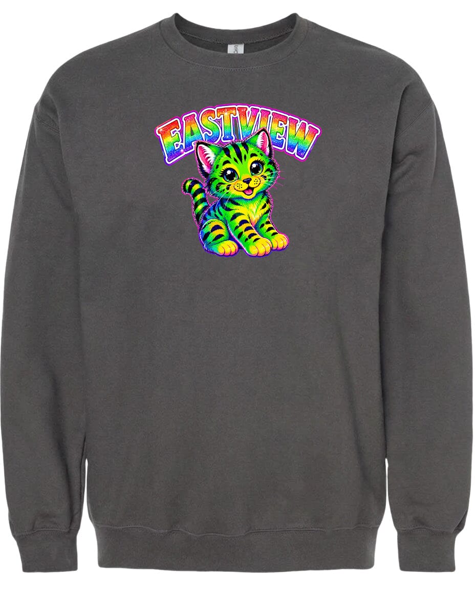 A gray sweatshirt with a colorful graphic of a cat and the text "EASTVIEW" printed on it.