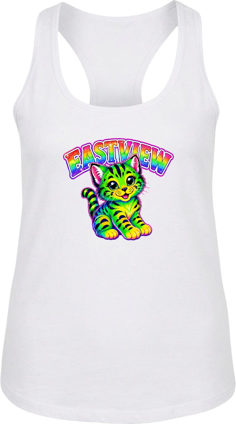 A white tank top with a colorful graphic of a cat and the text "EASTVIEW" printed on it.