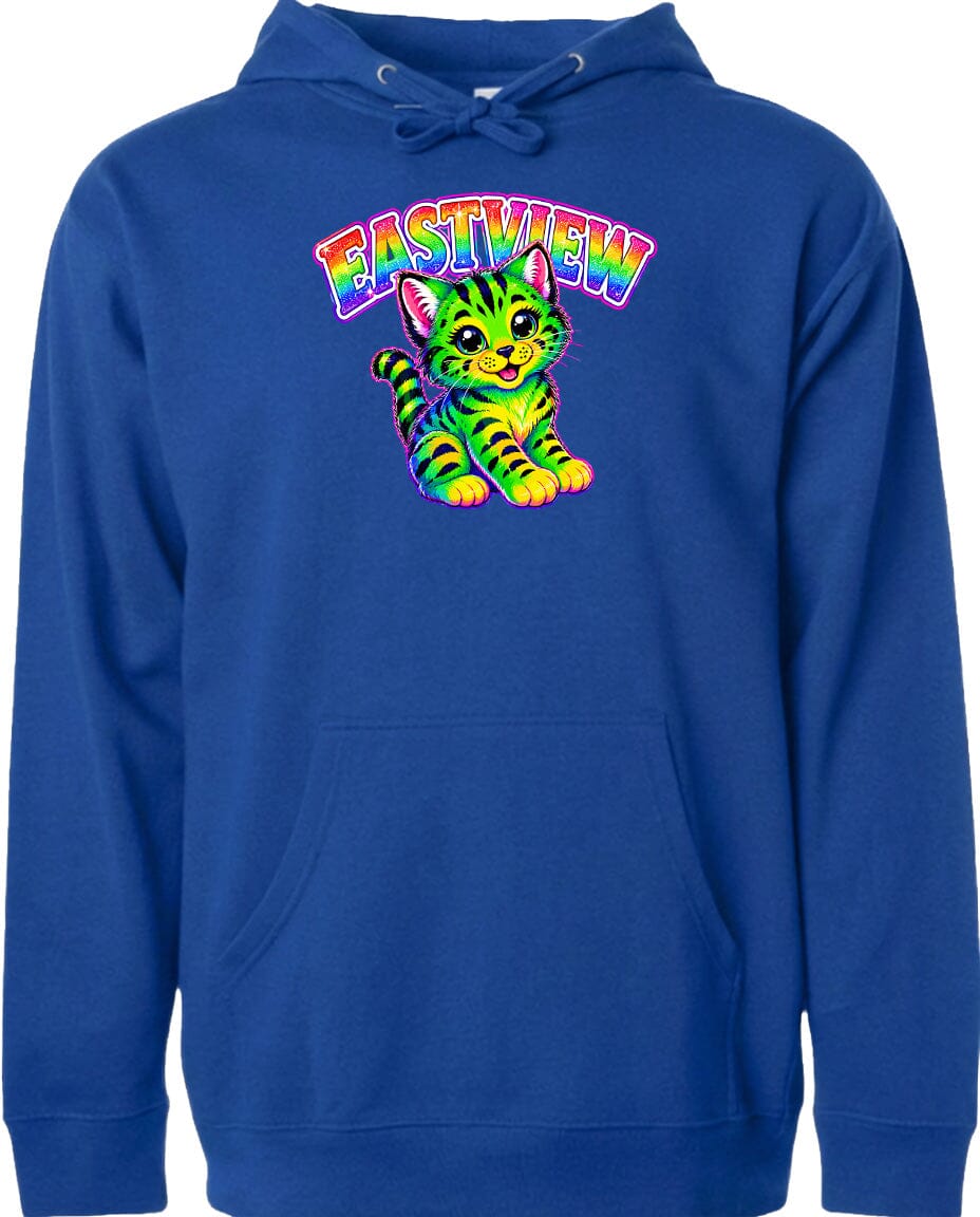 A blue hoodie with a colorful graphic of a cat and the text "EASTVIEW" printed on it.