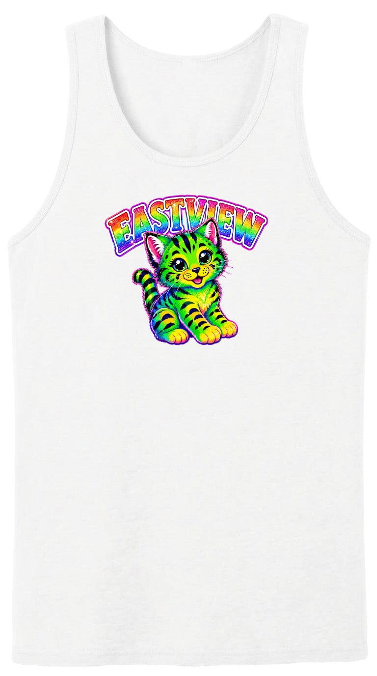 A white tank top with a colorful graphic of a cat and the text "EASIVIEW" printed on it.