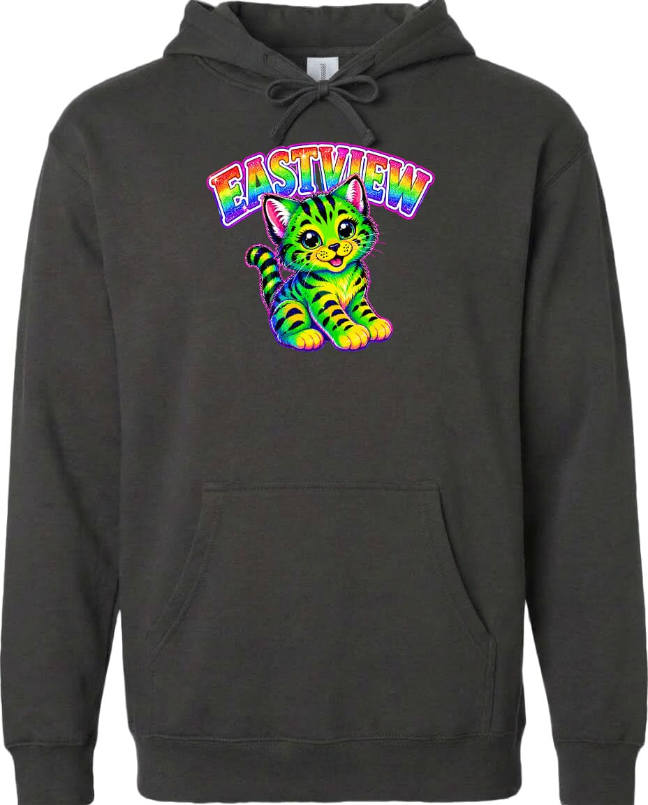 A hoodie with a colorful graphic of a cat and the text "EASTVIEW" printed on it.